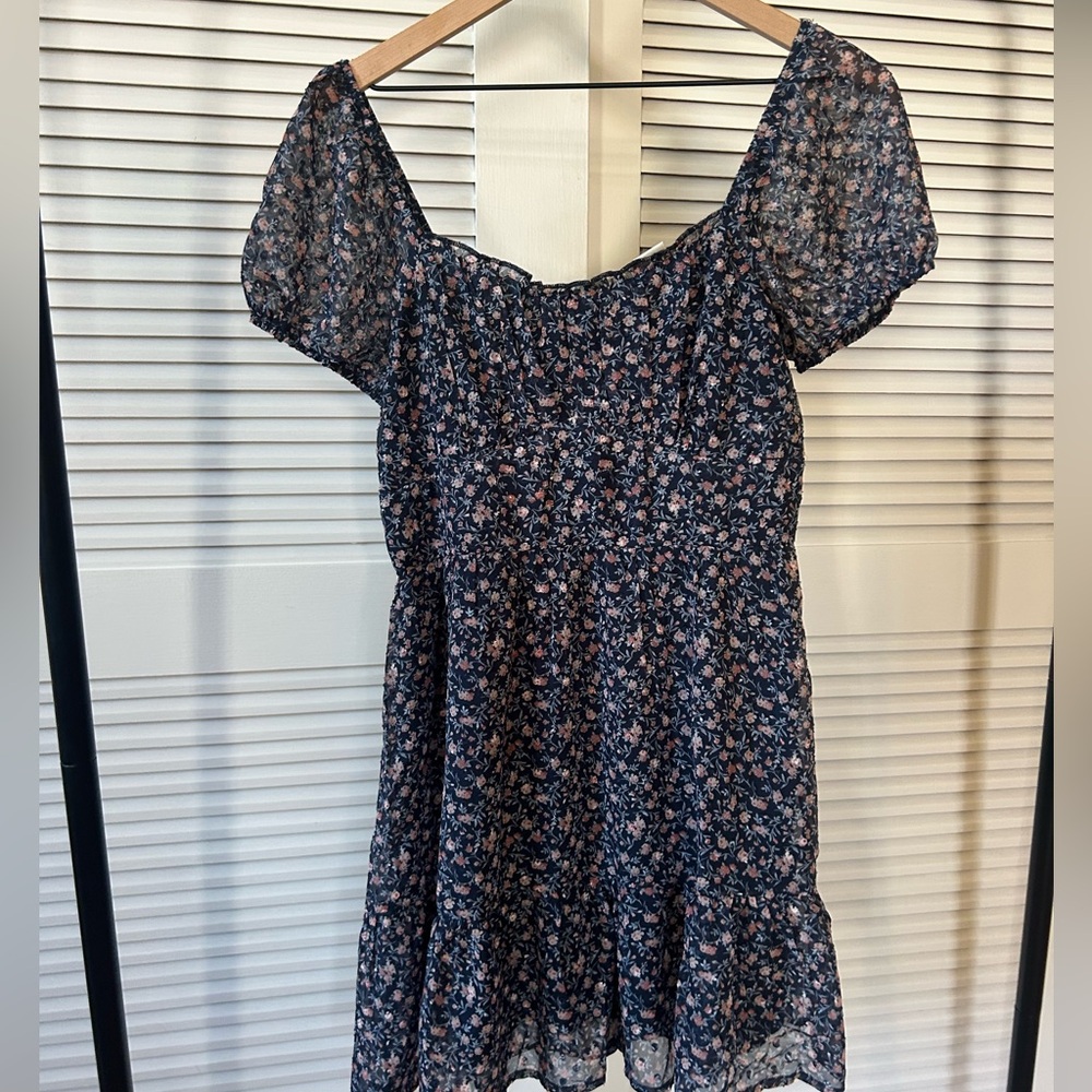 Altar'd State Navy Floral Square Neck Midi Dress with Pink Accents